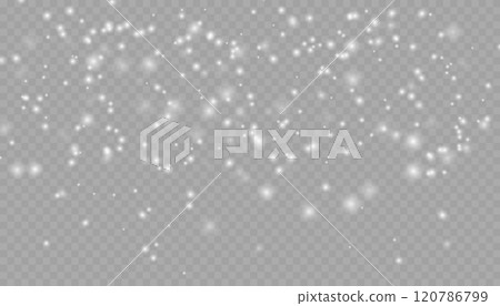 Realistic falling snow with snowflakes and clouds. Vector heavy snowfall, snowflakes in different shapes and forms. Many white cold flake elements on transparent background. 120786799
