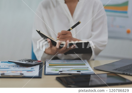 Business Documents, Auditor businesswoman checking searching document legal prepare paperwork or report for analysis TAX time,accountant Documents data contract partner deal in workplace office 120786829