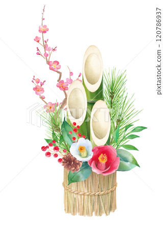 以稻草為基礎的小門鬆的水彩插圖。日本新年的傳統文化。松竹和梅花都是吉祥物和護身符。 以稻草為基礎的小門鬆的水彩插圖。日本新年的傳統文化。松竹和梅花都是吉祥物和護身符。 120786937