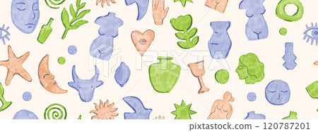Abstract boho naive seamless pattern, vector mediterranean brutal shape texture trendy organic print 120787201