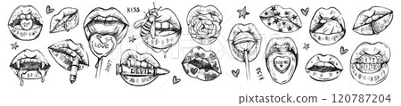 Hand drawn doodle lips vector set, sexy woman kiss grunge illustration, romantic valentine print. Hand drawn doodle lips vector set, sexy woman kiss grunge illustration, romantic valentine print. 120787204
