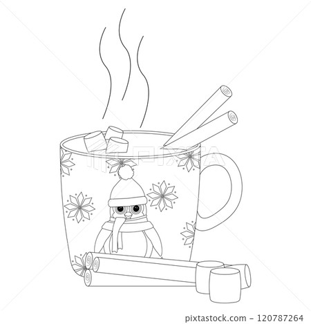 Hot chocolate coloring page with cinnamon and marshmallows. Hot chocolate coloring page with cinnamon and marshmallows. 120787264