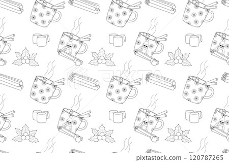 Christmas and winter-themed seamless coloring page with mugs, cinnamon, holly, and marshmallows. Christmas and winter-themed seamless coloring page with mugs, cinnamon, holly, and marshmallows. 120787265