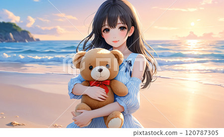 日落時在海灘上看海的女孩 120787305