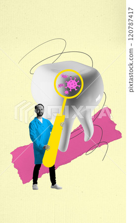 Contemporary art collage. Dentist holding magnifying glass over tooth showing germs and bacteria. Importance of oral hygiene and dental examination. Contemporary art collage. Dentist holding magnifying glass over tooth showing germs and bacteria. Importance of oral hygiene and dental examination. 120787417