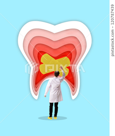 Contemporary art collage. Dentist in white coat exploring layers of tooth in cutaway view, highlighting dental problems and care. 120787439