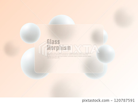 Glass morphism website landing page template. Frosted glass partition with floating spheres. Glass morphism website landing page template. Frosted glass partition with floating spheres. 120787591