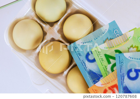 Carton of eggs next to stack Canadian dollar bills illustrates how value everyday expenses has increased since price chicken eggs has risen Carton of eggs next to stack Canadian dollar bills illustrates how value everyday expenses has increased since price chicken eggs has risen 120787608