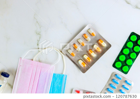 Use of various pills as well as syringes face mask is method of prevention used in fighting disease 120787630
