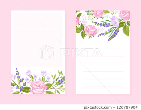 Rose Lavender Flower Bouquet Empty Card Design with Tender Flora Vector Template Rose Lavender Flower Bouquet Empty Card Design with Tender Flora Vector Template 120787904