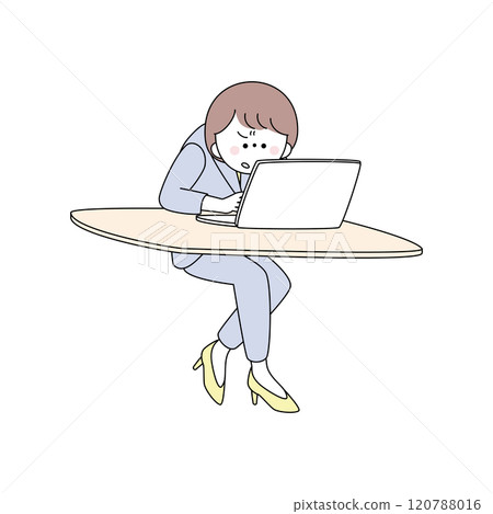 Illustration of a woman in a suit leaning forward and frowning while using a computer 120788016