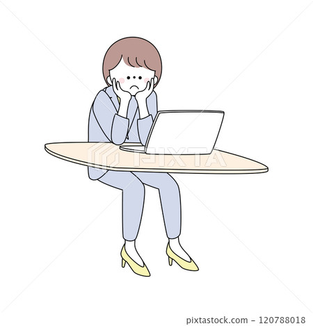 一位身穿西裝的女士將下巴靠在電腦前的插圖 120788018