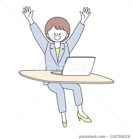 一個穿著西裝的女人在電腦前欣喜若狂的插圖 120788019
