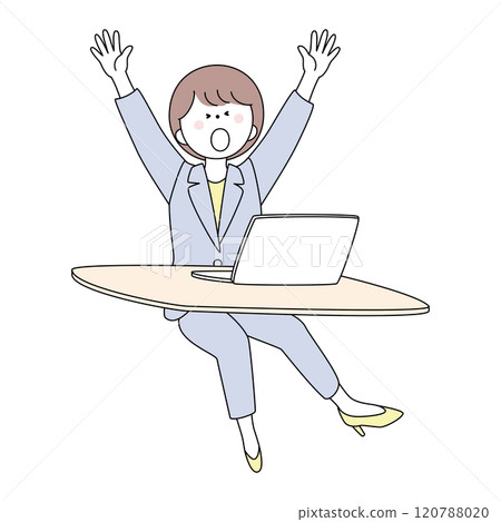 一位穿著西裝的女人在電腦前伸展身體打哈欠的插圖 120788020