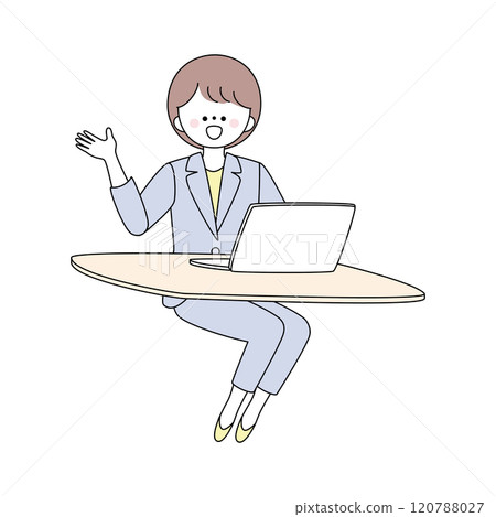 Illustration of a woman in a suit using a computer to give directions with a smile 120788027