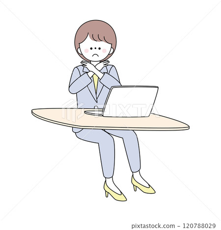 一位穿著西裝的女士在電腦前握手的插圖 120788029