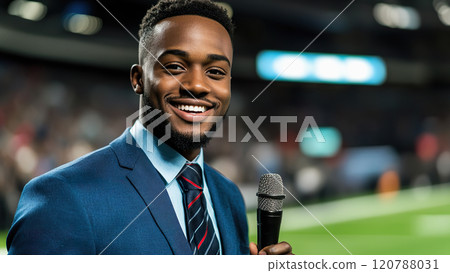 Football reporter conducts interview on the field during an exciting match event. 120788031