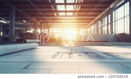 Architectural blueprint on table in a bright design studio environment. 120788039