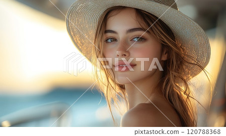 Portrait of Beautiful young woman smiling and wearing a sun hat on a beach Generative AI 120788368