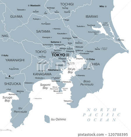 Tokyo Major Metropolitan Area, gray political map of the Capital Region of Japan, located on island Honshu. Map showing Itto Sanken, consisting of the prefectures Tokyo, Chiba, Saitama and Kanagawa. Tokyo Major Metropolitan Area, gray political map of the Capital Region of Japan, located on island Honshu. Map showing Itto Sanken, consisting of the prefectures Tokyo, Chiba, Saitama and Kanagawa. 120788395
