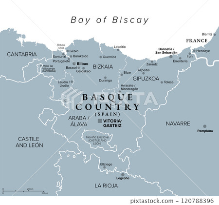 Basque Country, Euskadi, gray political map with capital Vitoria-Gasteiz and largest city Bilboa. The Basque Autonomous Community in northern Spain including the provinces Araba, Bizkaia and Gipuzkoa. 120788396