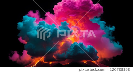 Colorful clouds mix in vibrant hues creating a stunning visual display against a dark background 120788398