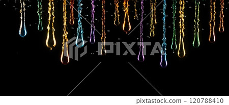 A splash of sparkling water droplets, frozen mid-explosion,in a spectrum ,against a black background 120788410
