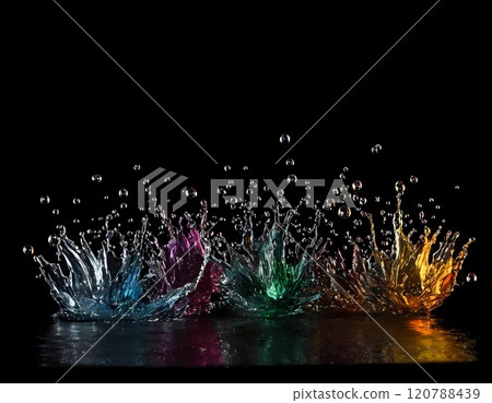 A splash of sparkling water droplets, frozen mid-explosion,in a spectrum ,against a black background 120788439