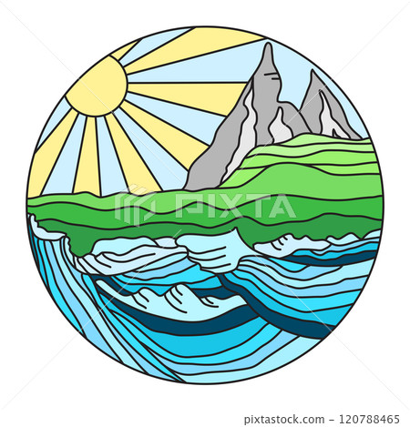 Landscape of sun, hills, grass and water 120788465