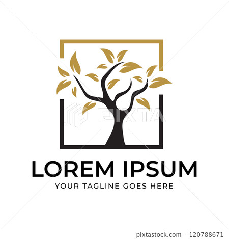 Tree Illustration in Unique Frame with Gold Leaves Design Vector Premium 120788671