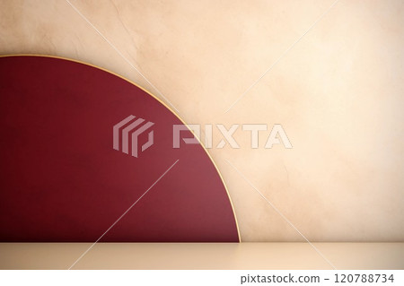 3D abstract template with wine-red circle parts and floor on a beige background. AI generated image 120788734