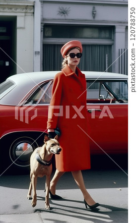A stylish woman in red attire and chic sunglasses walks on the street with her adorable dog 120788750