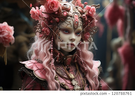 Doll-like girl in pink princess dress. An Enigmatic Fantasy Character with Beautiful Floral Embellishments in Its Design and Style Doll-like girl in pink princess dress. An Enigmatic Fantasy Character with Beautiful Floral Embellishments in Its Design and Style 120788761