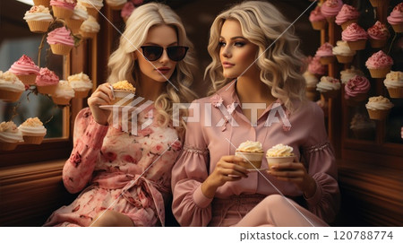 Two elegantly dressed women delightfully share cupcakes in a charming and magical outdoor setting 120788774