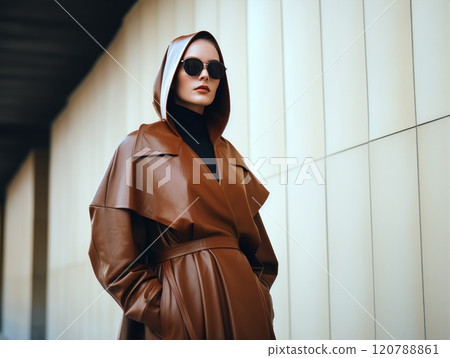 Beautiful woman in autumn coat. A stylish brown leather outerwear fashion portrait captures the essence of modern apparel perfectly Beautiful woman in autumn coat. A stylish brown leather outerwear fashion portrait captures the essence of modern apparel perfectly 120788861
