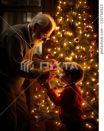 Grandfather and grandson creating a festive christmas tree with lights and red ball ornaments in a warm and cozy living room on christmas eve 120788923