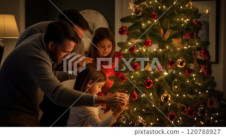 Family happily decorates christmas tree with red and gold ornaments and warm lights in cozy home, enjoying festive holiday traditions together 120788927