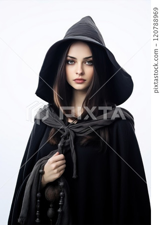Elegant witch costume black dress and witch hat perfect for Halloween party 120788969