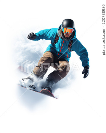 A snowboarding scene that showcases athleticism of a man and winter adventure. Snowboarder in helmet and goggles isolated on a white background 120788986