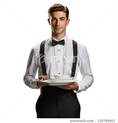 A professional waiter carrying a plate of beautifully presented dishes isolated on a white background 120789001