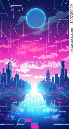 A vibrant Cyberpunk Cityscape with a stunning Futuristic Skyline and vivid Neon Colors 120789009
