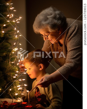 Grandmother and grandson creating a festive christmas tree with lights and red ball ornaments in a warm and cozy living room on christmas eve 120789013