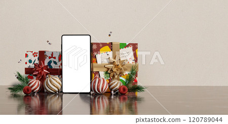 Smartphone surrounded by gift boxes and holiday ornaments, 3D render 120789044