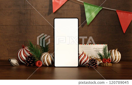 Smartphone mockup with Christmas card and decorations, 3D render 120789045