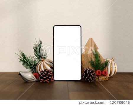 Smartphone mockup with festive pinecones and ornaments, 3D render. 120789046