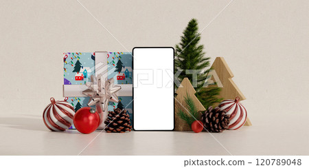 Smartphone with festive decor and gift box arrangement, 3D render 120789048