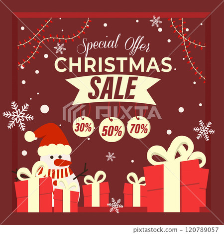 Christmas sale promotional design with gifts and snowman. Vector illustration 120789057