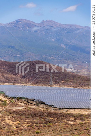 Solar panels at photovoltaic power station farm, future innovation energy concept Solar panels at photovoltaic power station farm, future innovation energy concept 120789115
