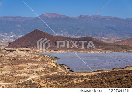 Solar panels at photovoltaic power station farm, future innovation energy concept 120789116