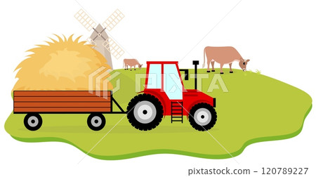 Farm Animals. Cute farm. Tractor with hay, mill and cows in a farmyard. Collection of farm animals in a barnyard. Baby flat vector illustration. Farm Animals. Cute farm. Tractor with hay, mill and cows in a farmyard. Collection of farm animals in a barnyard. Baby flat vector illustration. 120789227